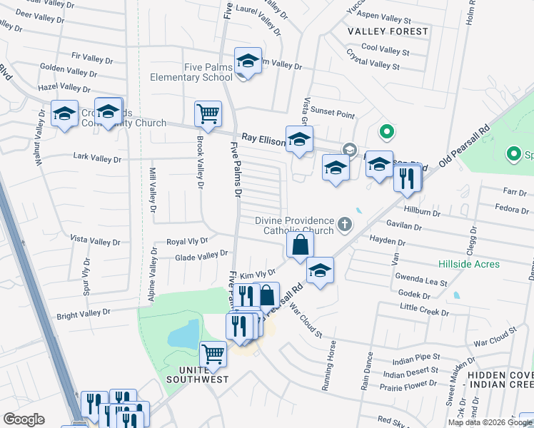 map of restaurants, bars, coffee shops, grocery stores, and more near 5903 Fairshire in San Antonio