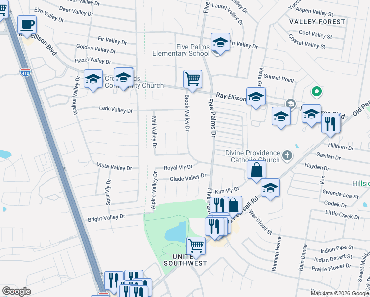 map of restaurants, bars, coffee shops, grocery stores, and more near 7334 Brook Valley Drive in San Antonio