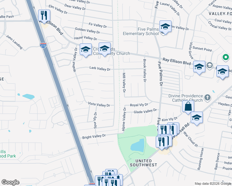 map of restaurants, bars, coffee shops, grocery stores, and more near 6102 Deep Valley Drive in San Antonio