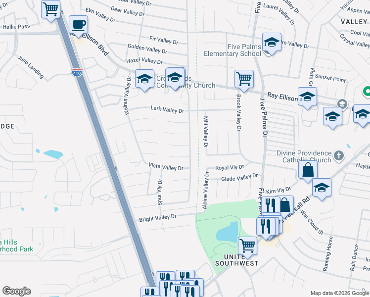 map of restaurants, bars, coffee shops, grocery stores, and more near 6102 Deep Valley Drive in San Antonio