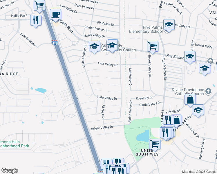 map of restaurants, bars, coffee shops, grocery stores, and more near 6138 Deep Valley Drive in San Antonio
