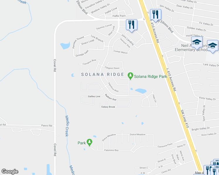 map of restaurants, bars, coffee shops, grocery stores, and more near 7130 Pandora Way in San Antonio