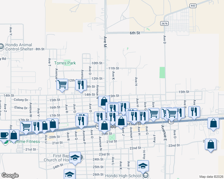 map of restaurants, bars, coffee shops, grocery stores, and more near 1306 Avenue K in Hondo