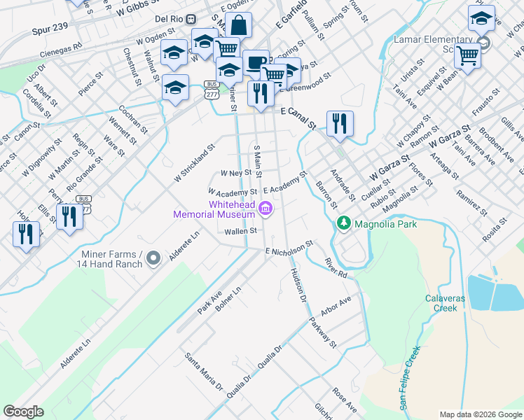 map of restaurants, bars, coffee shops, grocery stores, and more near 100 East Duke Street in Del Rio