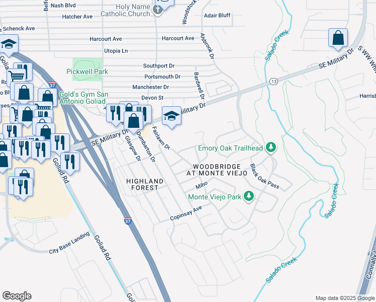 map of restaurants, bars, coffee shops, grocery stores, and more near 3818 Bosque Seco in San Antonio