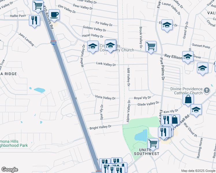 map of restaurants, bars, coffee shops, grocery stores, and more near 6138 Deep Valley Drive in San Antonio