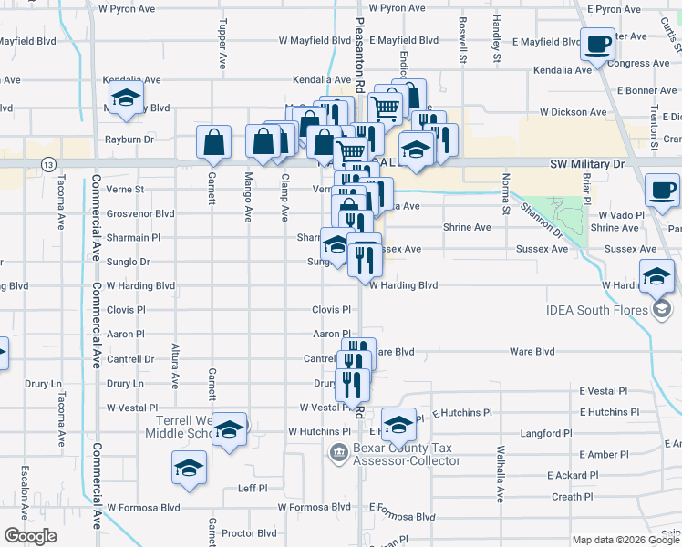 map of restaurants, bars, coffee shops, grocery stores, and more near 519 West Harding Boulevard in San Antonio