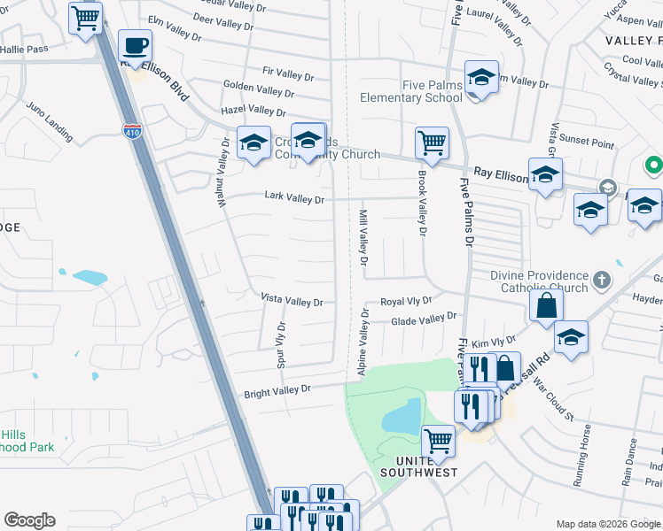 map of restaurants, bars, coffee shops, grocery stores, and more near 6102 Deep Valley Drive in San Antonio