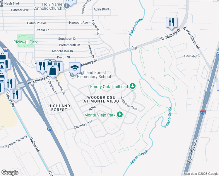 map of restaurants, bars, coffee shops, grocery stores, and more near 4011 Bear Oak Pth in San Antonio