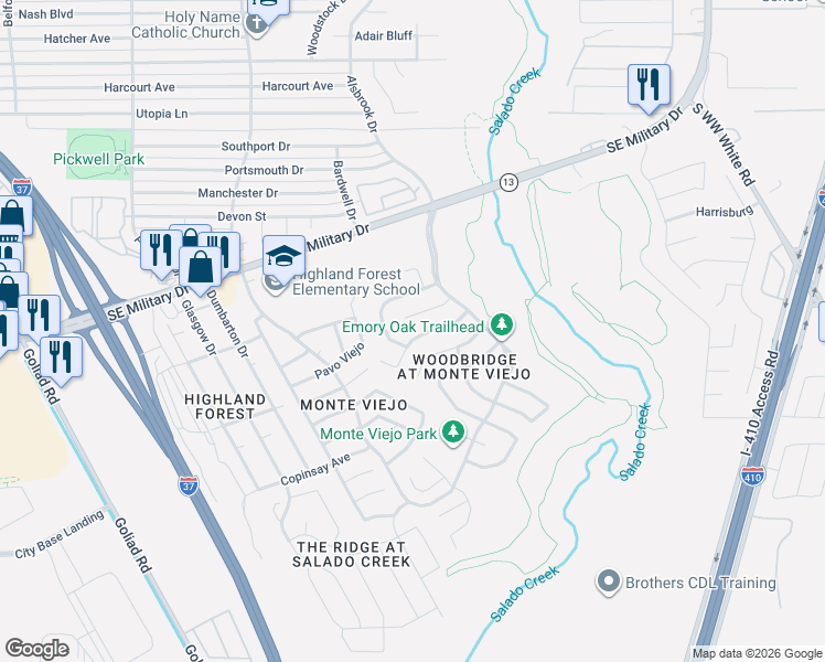 map of restaurants, bars, coffee shops, grocery stores, and more near 3806 Blue Oak Pass in San Antonio