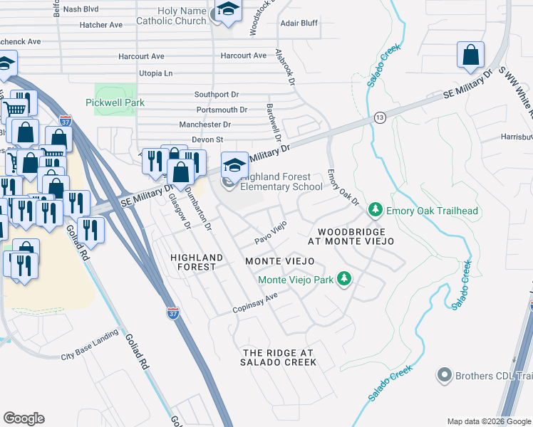 map of restaurants, bars, coffee shops, grocery stores, and more near 3818 Bosque Seco in San Antonio