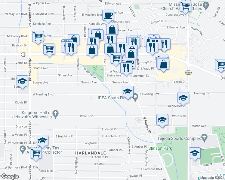 map of restaurants, bars, coffee shops, grocery stores, and more near 171 West Harding Boulevard in San Antonio
