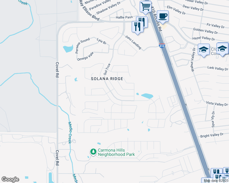 map of restaurants, bars, coffee shops, grocery stores, and more near 7130 Pandora Way in San Antonio