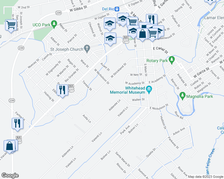 map of restaurants, bars, coffee shops, grocery stores, and more near 418 West Nicholson Street in Del Rio
