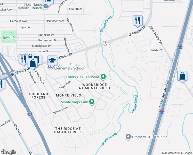 map of restaurants, bars, coffee shops, grocery stores, and more near 4118 Chinkapin Oak in San Antonio