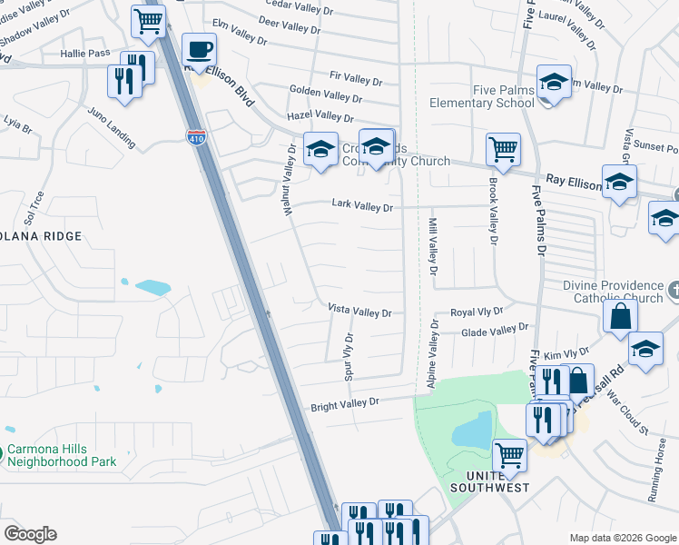 map of restaurants, bars, coffee shops, grocery stores, and more near 6211 Stone Valley Drive in San Antonio