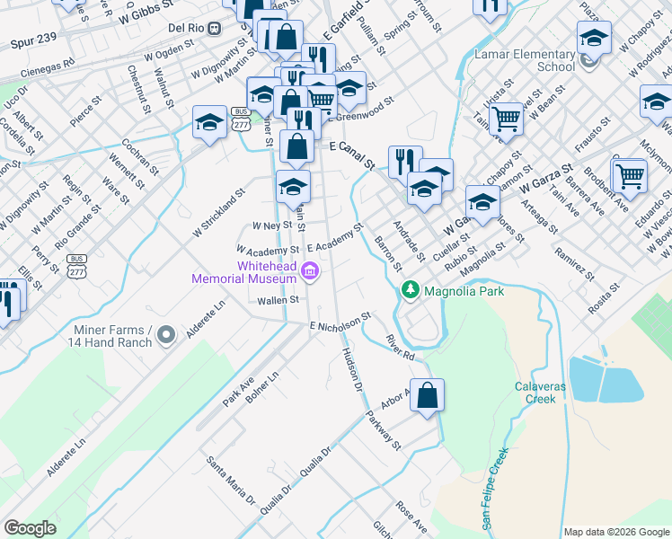 map of restaurants, bars, coffee shops, grocery stores, and more near 100 East Duke Street in Del Rio