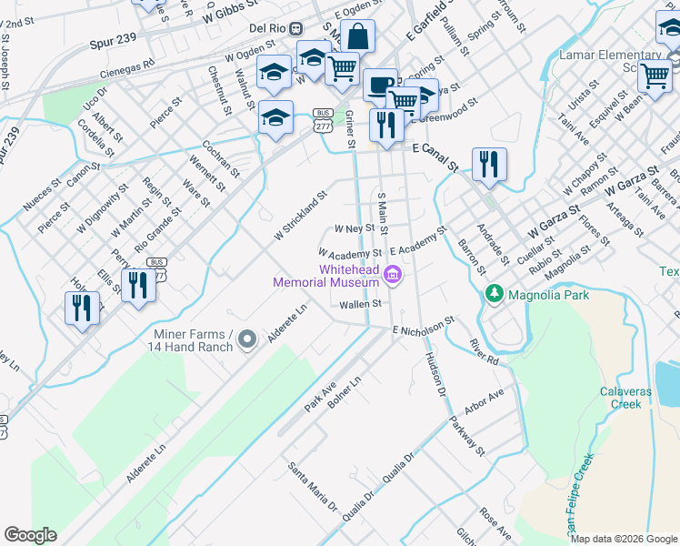 map of restaurants, bars, coffee shops, grocery stores, and more near 219 West Duke Street in Del Rio
