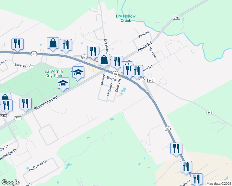 map of restaurants, bars, coffee shops, grocery stores, and more near 318 Crews Street in La Vernia