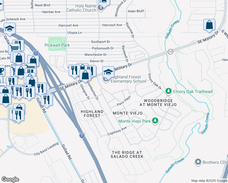 map of restaurants, bars, coffee shops, grocery stores, and more near 3811 Bosque Seco in San Antonio
