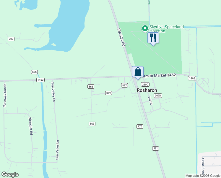 map of restaurants, bars, coffee shops, grocery stores, and more near 1627 County Road 568 in Rosharon