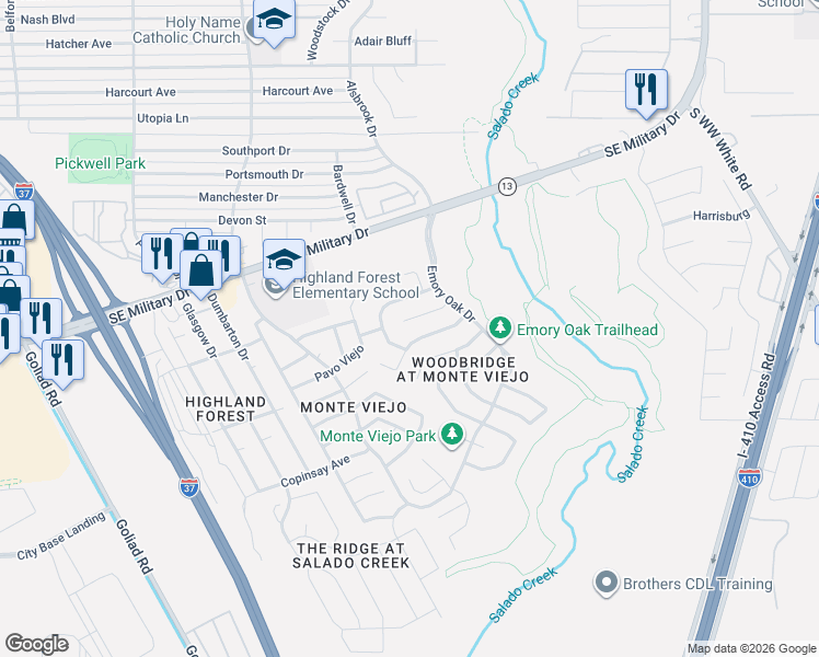 map of restaurants, bars, coffee shops, grocery stores, and more near 3806 Blue Oak Pass in San Antonio