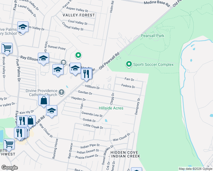 map of restaurants, bars, coffee shops, grocery stores, and more near 5324 Hillburn Drive in San Antonio