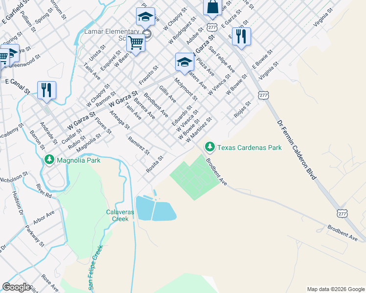 map of restaurants, bars, coffee shops, grocery stores, and more near 753-787 Arteaga Street in Del Rio