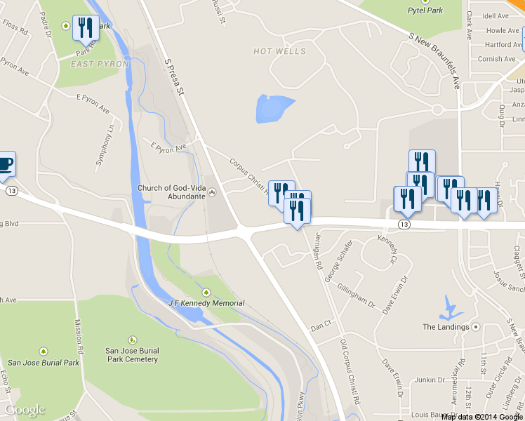 map of restaurants, bars, coffee shops, grocery stores, and more near 2233 Southeast Military Drive in San Antonio
