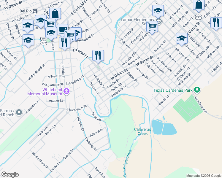 map of restaurants, bars, coffee shops, grocery stores, and more near 304 Magnolia St in Del Rio