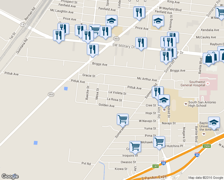 map of restaurants, bars, coffee shops, grocery stores, and more near 3138 La Violeta Street in San Antonio