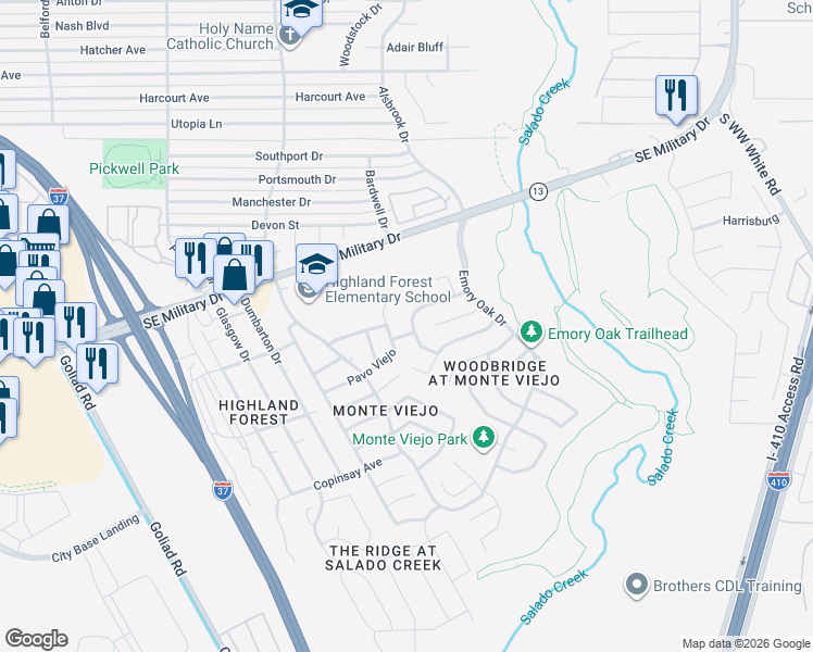 map of restaurants, bars, coffee shops, grocery stores, and more near 3907 Blue Oak Pass in San Antonio