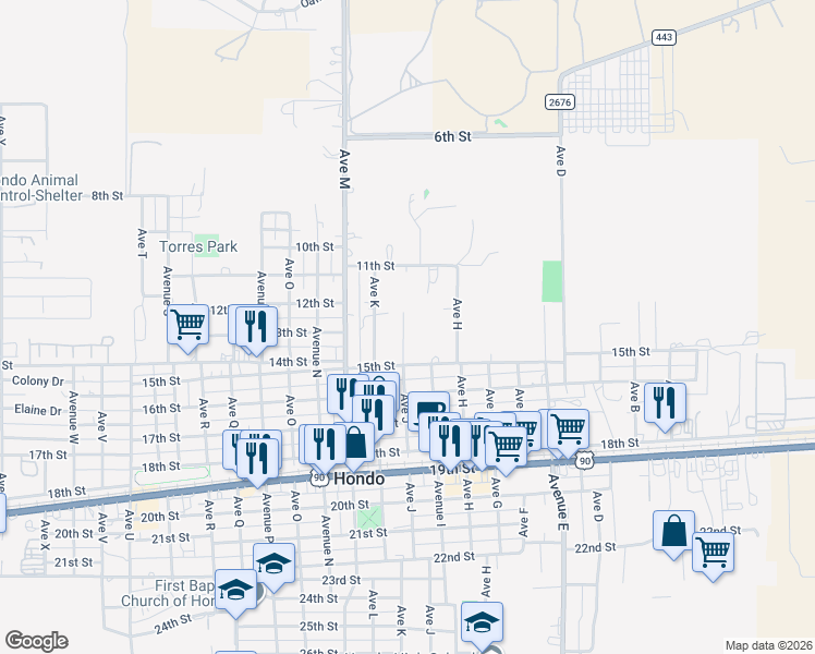 map of restaurants, bars, coffee shops, grocery stores, and more near 1309 Avenue J in Hondo