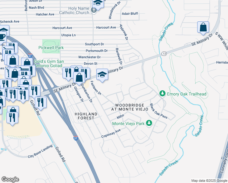 map of restaurants, bars, coffee shops, grocery stores, and more near 3835 Bosque Seco in San Antonio