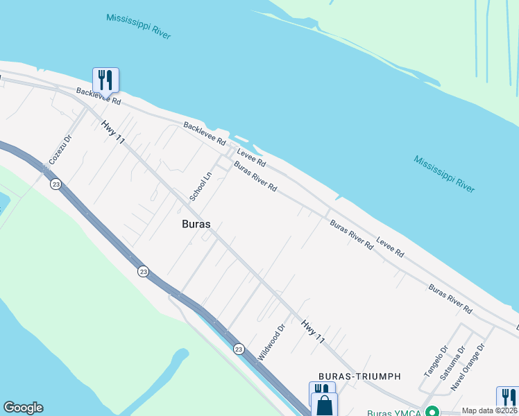 map of restaurants, bars, coffee shops, grocery stores, and more near 326 Buras River Road in Buras