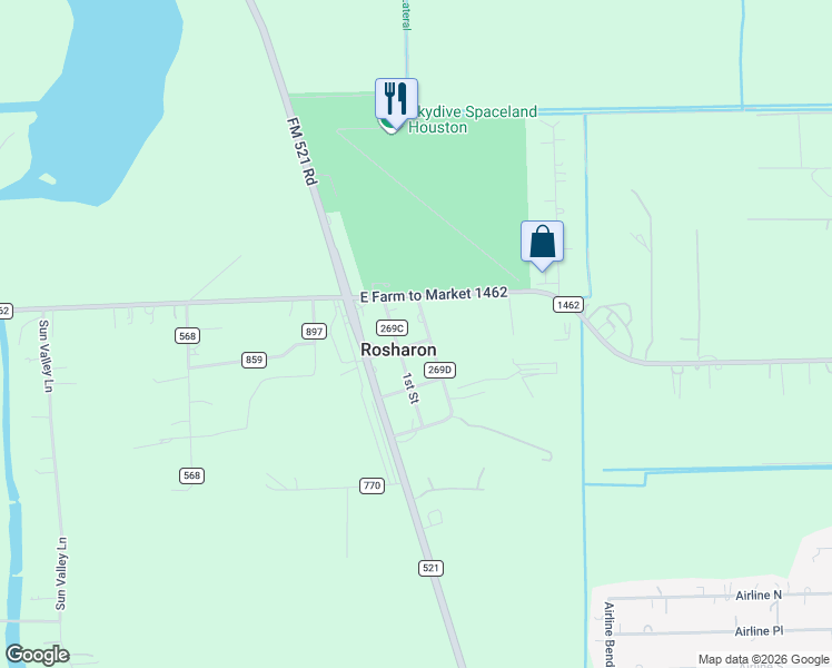 map of restaurants, bars, coffee shops, grocery stores, and more near 16214 2nd Street in Rosharon