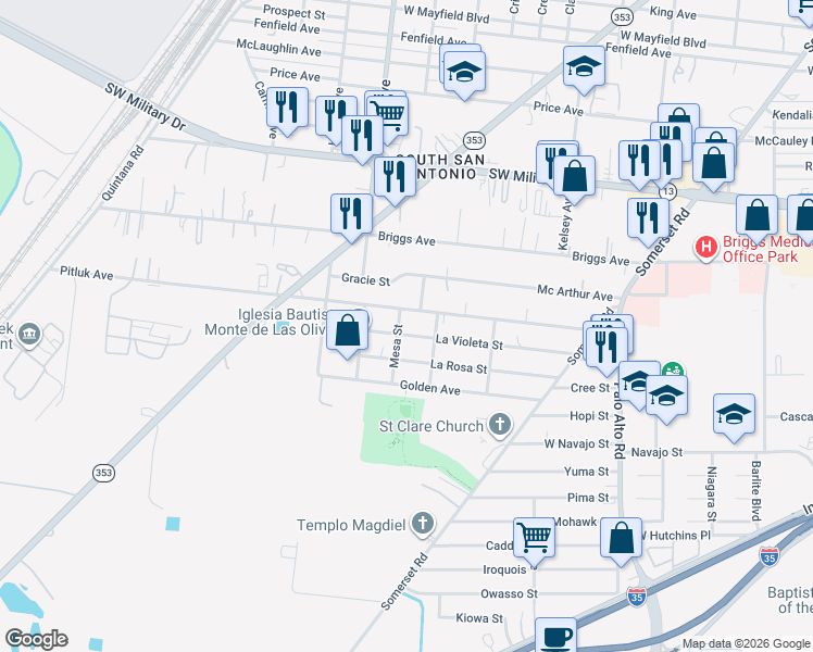 map of restaurants, bars, coffee shops, grocery stores, and more near 3227 Pitluk Avenue in San Antonio