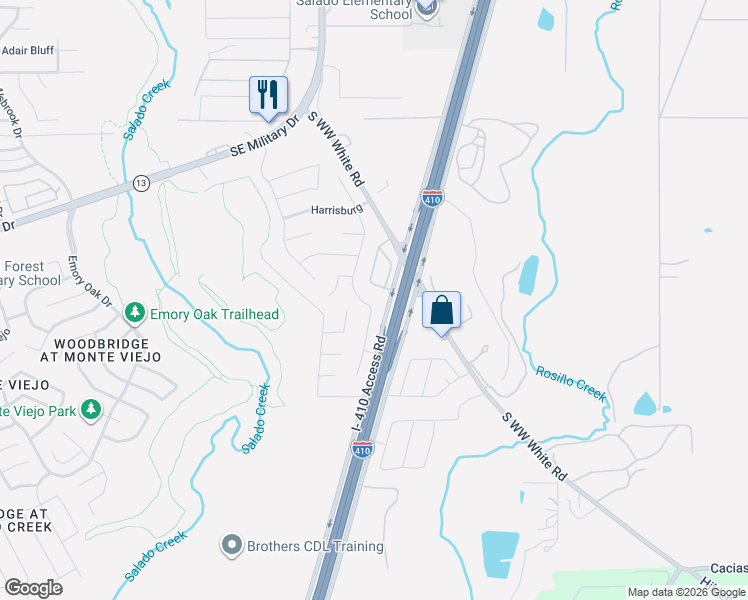 map of restaurants, bars, coffee shops, grocery stores, and more near 7111 South WW White Road in San Antonio