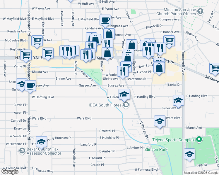 map of restaurants, bars, coffee shops, grocery stores, and more near 443 Sussex Avenue in San Antonio