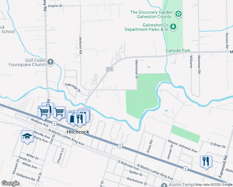 map of restaurants, bars, coffee shops, grocery stores, and more near 7422 Memorial Street in Hitchcock