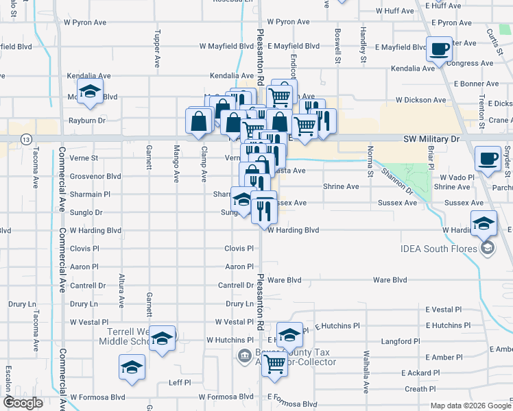 map of restaurants, bars, coffee shops, grocery stores, and more near 2619 Pleasanton Road in San Antonio