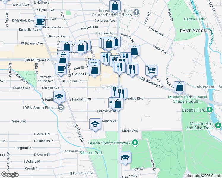map of restaurants, bars, coffee shops, grocery stores, and more near 259 Lorita Drive in San Antonio
