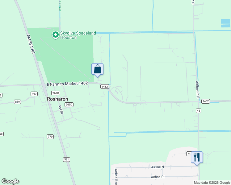 map of restaurants, bars, coffee shops, grocery stores, and more near 803 East Farm to Market 1462 in Rosharon