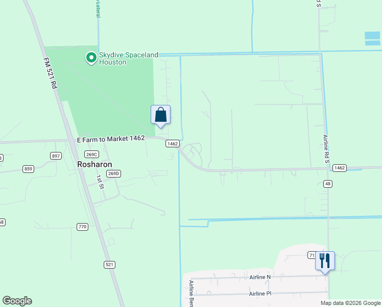 map of restaurants, bars, coffee shops, grocery stores, and more near 803 Farm to Market 1462 in Rosharon