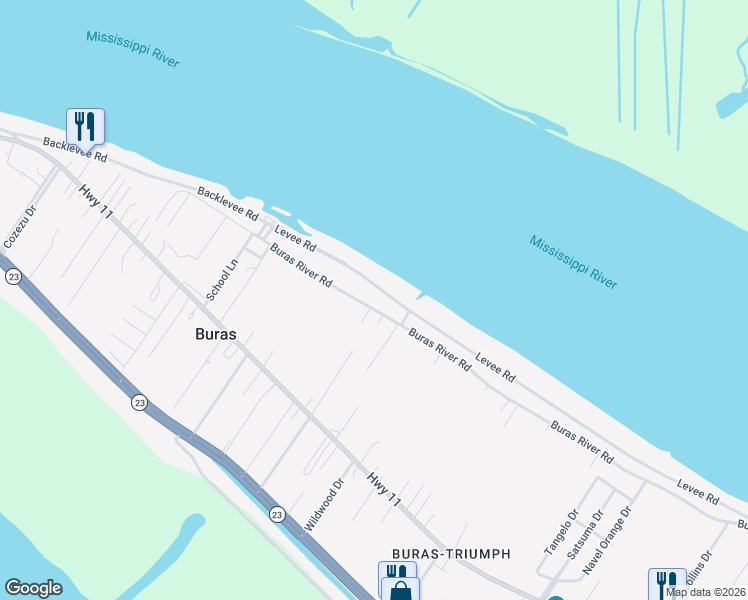 map of restaurants, bars, coffee shops, grocery stores, and more near 377 Buras River Road in Buras