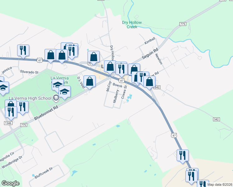 map of restaurants, bars, coffee shops, grocery stores, and more near Mulberry in La Vernia
