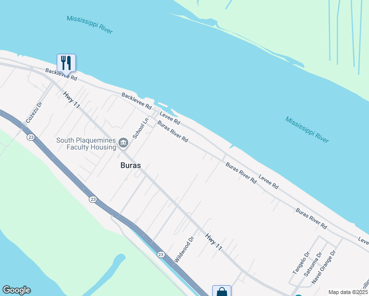 map of restaurants, bars, coffee shops, grocery stores, and more near 330 Buras River Road in Buras