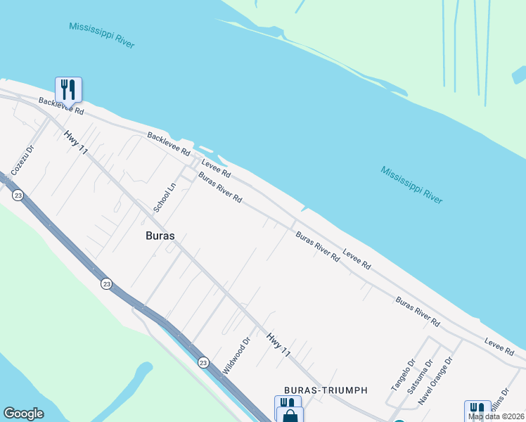 map of restaurants, bars, coffee shops, grocery stores, and more near 377 Buras River Road in Buras