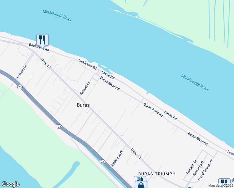 map of restaurants, bars, coffee shops, grocery stores, and more near 330 Buras River Road in Buras