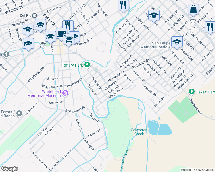map of restaurants, bars, coffee shops, grocery stores, and more near 707 Cantu Street in Del Rio